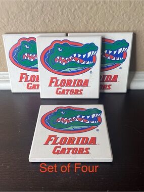 Vintage 1980's Florida Gators Ceramic Coasters, NCAA UF Gator Logo Tile Set of 4